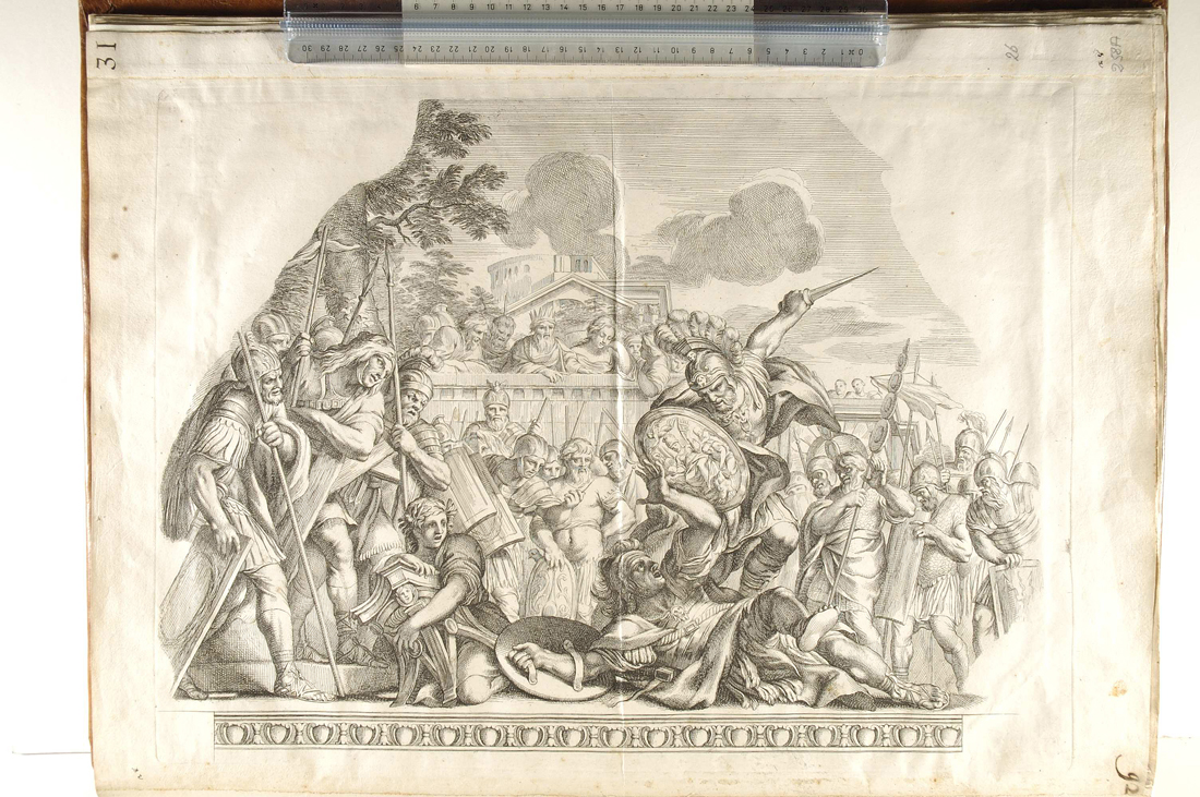 combattimento di Enea e Turno; elementi architettonici (stampa) di Audran Gérard, Pietro da Cortona (sec. XVII)