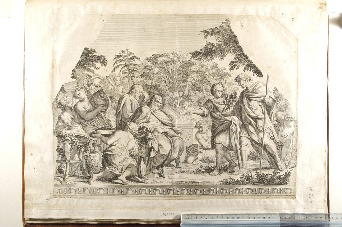 Enea ed Evandro; elementi architettonici (stampa tagliata) di Herz Johann Daniel I, Pietro da Cortona (sec. XVIII)