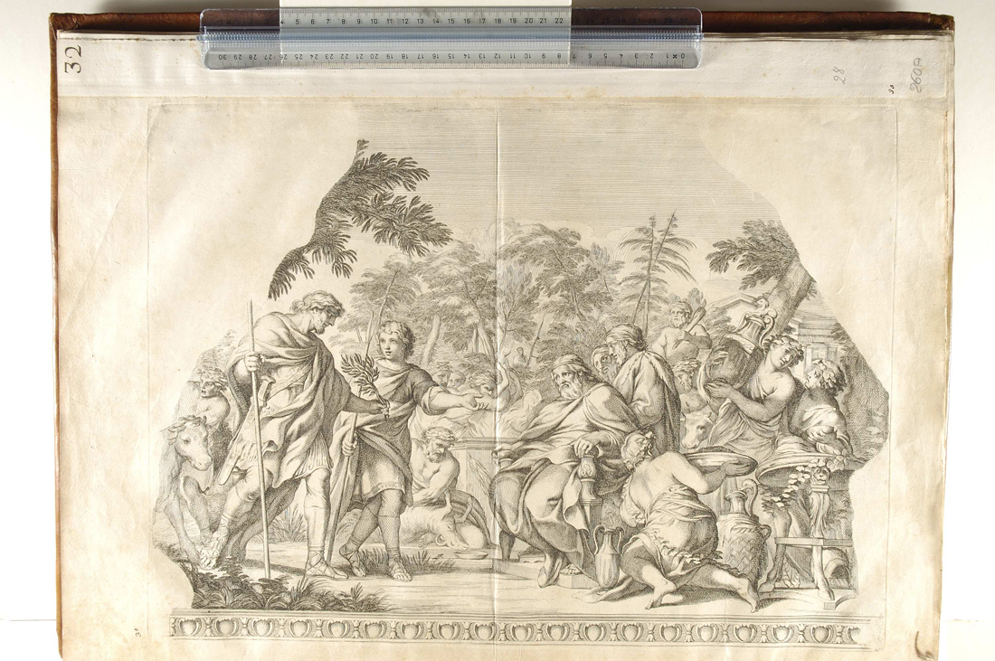Enea ed Evandro; elementi architettonici (stampa) di Audran Gérard, Pietro da Cortona (sec. XVII)