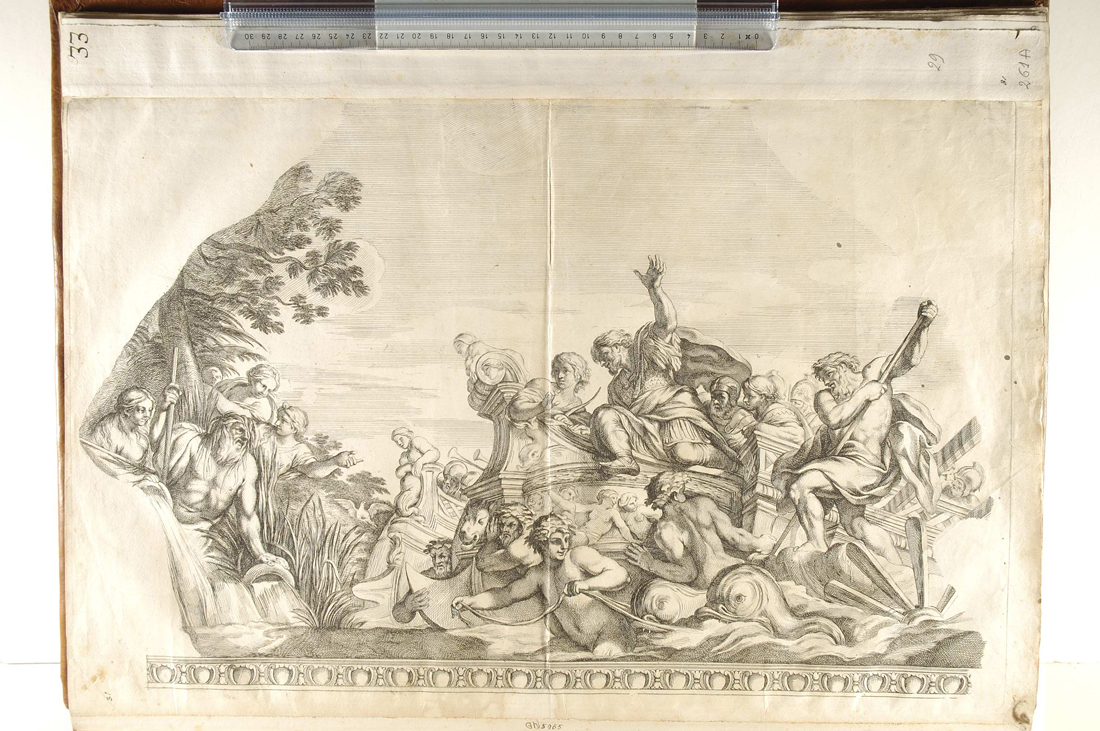 Enea giunge alle foci del Tevere; elementi architettonici (stampa) di Audran Gérard, Pietro da Cortona (sec. XVII)