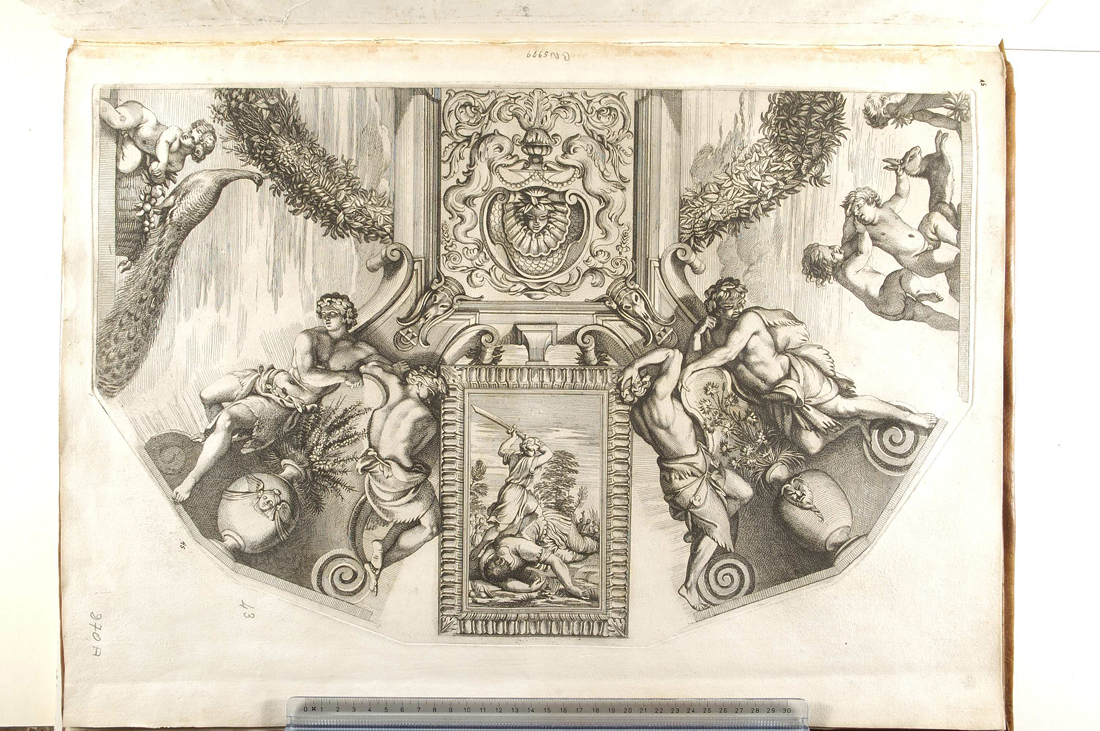 David decapita Golia; motivi decorativi architettonici; festone; telamone; putti; pavone; vaso di fiori (stampa, stampa composita) di Audran Gérard, Pietro da Cortona (sec. XVII)