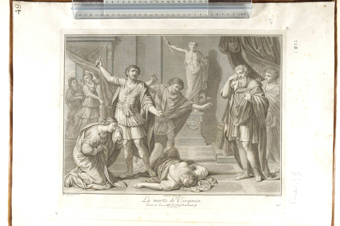 morte di Virginia (stampa smarginata) di Gimignani Giacinto, Fedi Antonio, Cecchi Giovanni Battista (sec. XVIII)