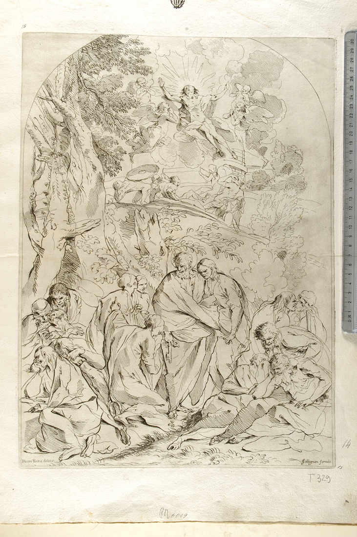 ascensione di Cristo e in basso gli Apostoli piangenti (stampa) di Testa Pietro, Collignon Francois (sec. XVII)