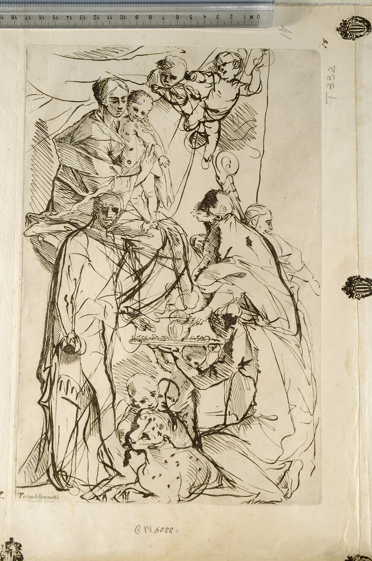 Madonna con Bambino in trono tra angeli e Santi (stampa) di Testa Pietro, Testa Giovanni Cesare (?) (sec. XVII)