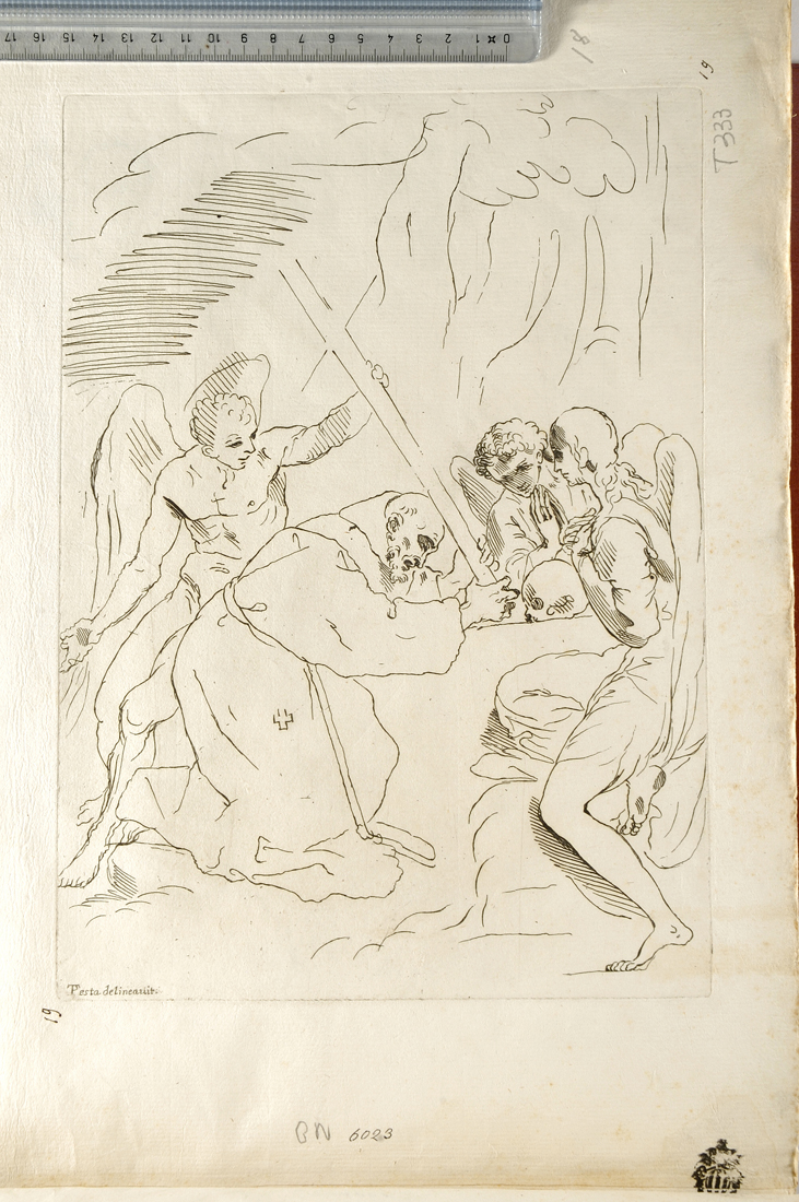 Santo francescano in preghiera davanti alla croce (stampa) di Testa Pietro, Testa Giovanni Cesare (?) (sec. XVII)