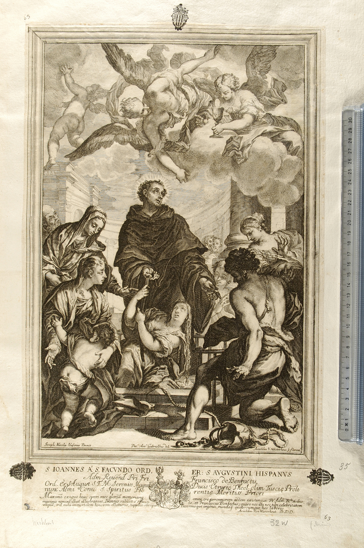 San Giovanni da San Facondo in adorazione del calice eucaristico salva una donna dall'annegamento (stampa) di Nasini Giuseppe Nicola, Gabrielli Antonio (?), Westerhout Arnold van (secc. XVII/ XVIII)