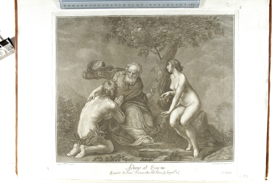 ammonimento di Dio ad Adamo ed Eva (stampa) di Furini Francesco, Betti Luigi, Lorenzi Lorenzo (sec. XVIII)