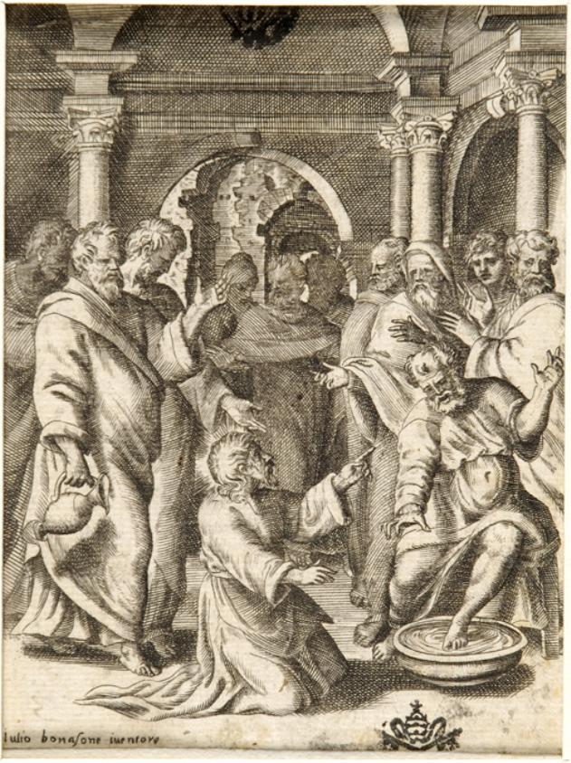 Cristo lava i piedi degli apostoli (stampa smarginata) di Bonasone Giulio (sec. XVI)
