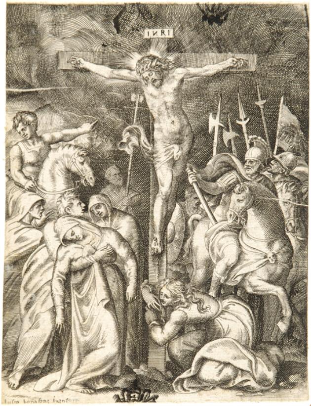 crocifissione (stampa smarginata) di Bonasone Giulio (sec. XVI)