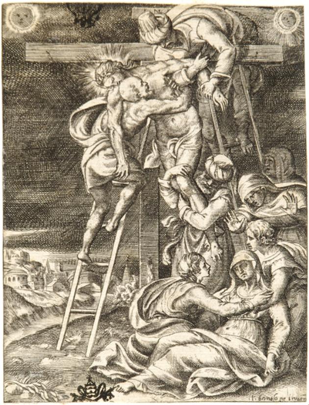 deposizione di Cristo dalla croce (stampa smarginata) di Bonasone Giulio (sec. XVI)