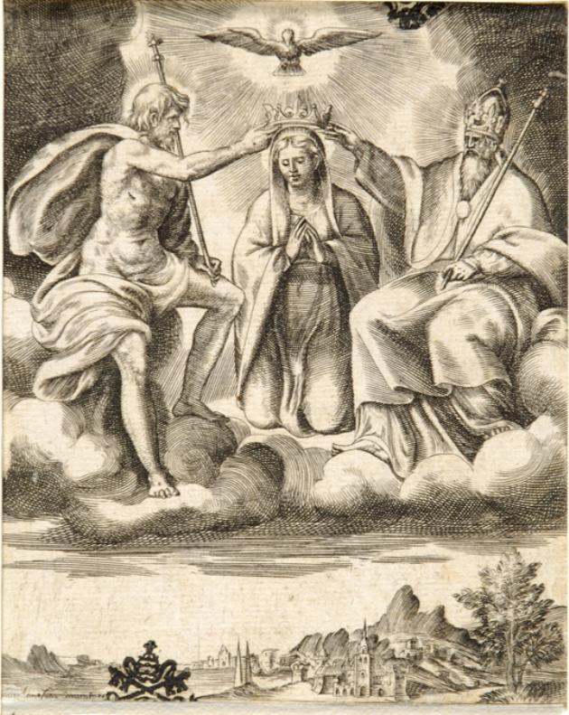 incoronazione di Maria Vergine (stampa smarginata) di Bonasone Giulio (sec. XVI)