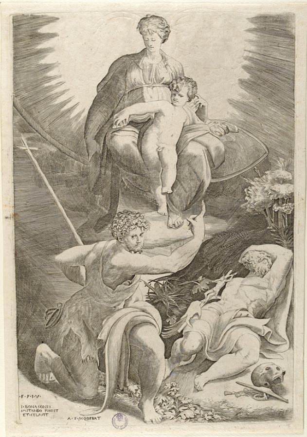 apparizione della Madonna a San Girolamo (stampa) di Parmigianino, Bonasone Giulio (sec. XVI)