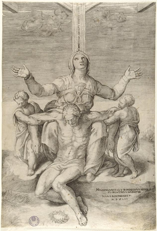 Pietà (stampa smarginata) di Buonarroti Michelangelo, Bonasone Giulio (sec. XVI)