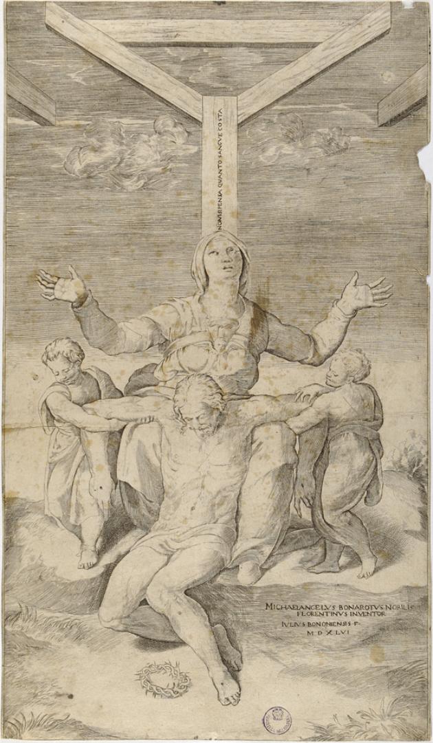 Pietà (stampa smarginata) di Buonarroti Michelangelo, Bonasone Giulio (sec. XVI)