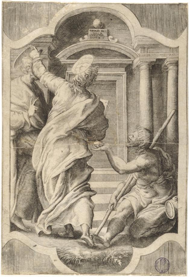 San Pietro e San Giovanni Evangelista guariscono lo storpio (stampa smarginata) di Perin del Vaga, Bonasone Giulio (sec. XVI)