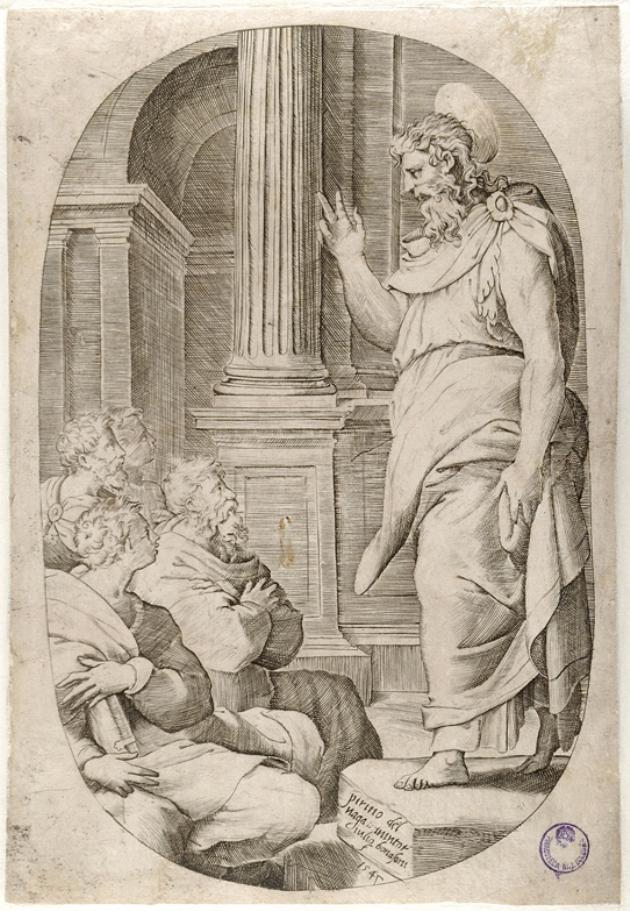 predica di San Paolo (stampa smarginata) di Perin del Vaga, Bonasone Giulio (sec. XVI)