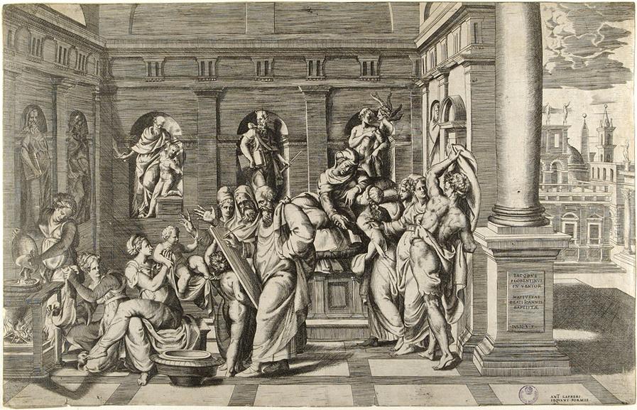 nascita di San Giovanni Battista (stampa smarginata) di Del Conte Jacopino, Bonasone Giulio (sec. XVI)