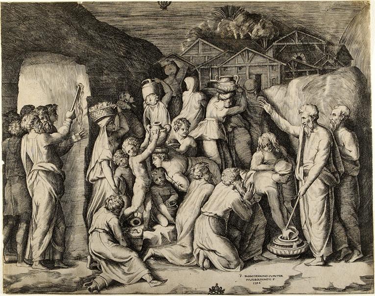 Mosè ordina di raccogliere la manna e Mosè che fa scaturire l'acqua da una roccia (stampa smarginata) di Polidoro da Caravaggio, Bonasone Giulio (sec. XVI)