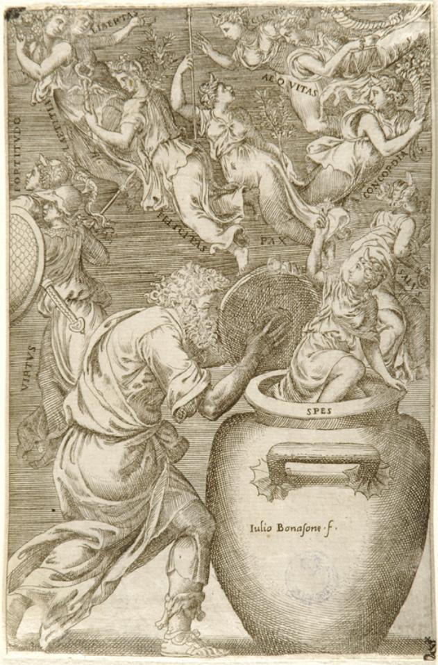 Epimeteo scoperchia il vaso di Pandora da cui escono le virtù (stampa smarginata) di Bonasone Giulio (attribuito) (sec. XVI)