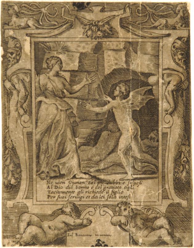 Giunone raccomanda al Sonno di fare dormire Giove (stampa smarginata) di Bonasone Giulio (sec. XVI)