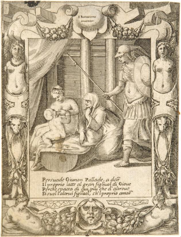 Pallade persuade Giunone ad allattare Ercole (stampa smarginata) di Bonasone Giulio (sec. XVI)