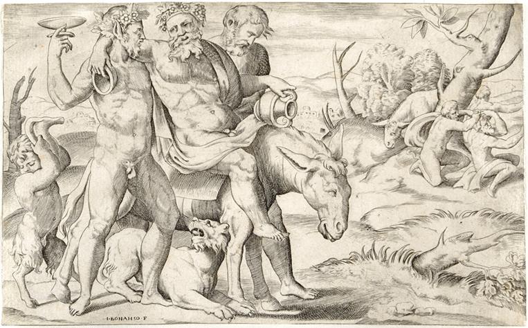 Sileno ebbro a cavallo di un asino sostenuto da due fauni (stampa smarginata) di Bonasone Giulio, Perin del Vaga (sec. XVI)