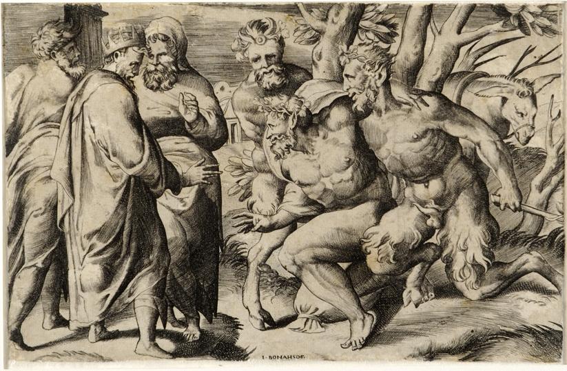due satiri conducono Sileno davanti a re Mida (stampa smarginata) di Perin del Vaga, Bonasone Giulio (sec. XVI)