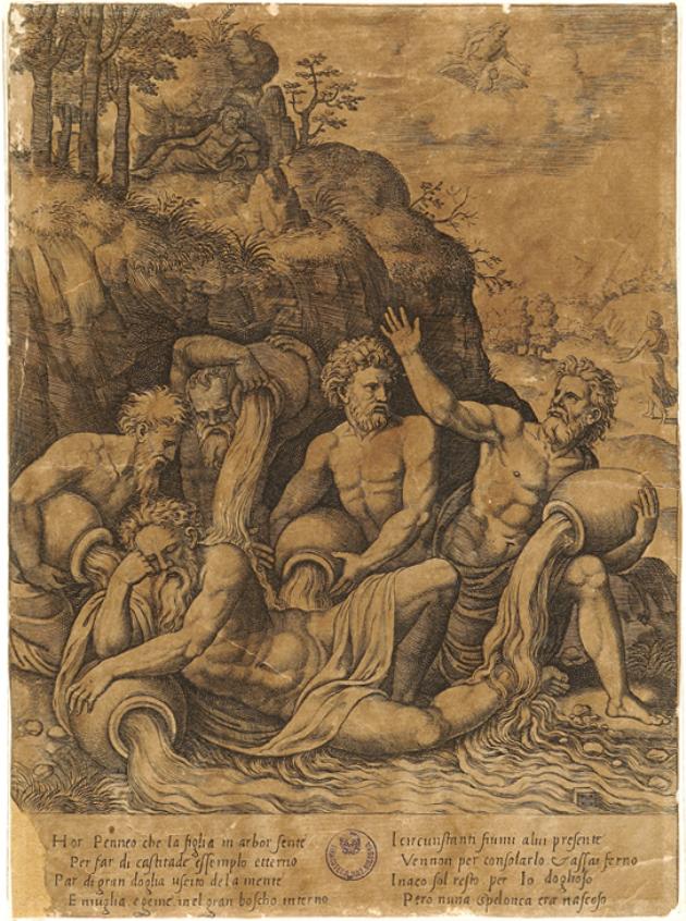 i Fiumi consolano il fiume Peneo (stampa smarginata) di Peruzzi Baldassarre, Maestro del Dado (sec. XVI)