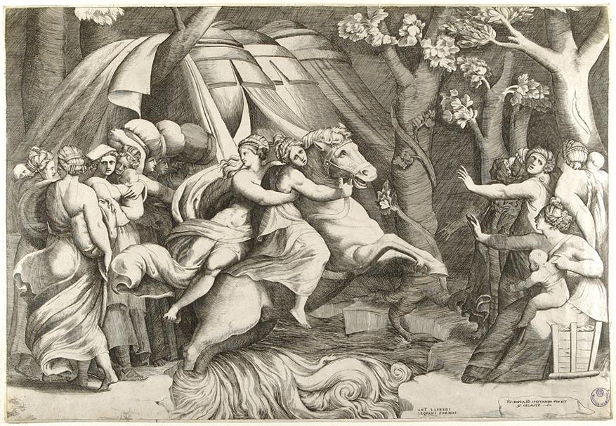 Clelia fugge con le sue compagne dal campo di Porsenna (stampa smarginata) di Polidoro da Caravaggio, Bonasone Giulio (sec. XVI)