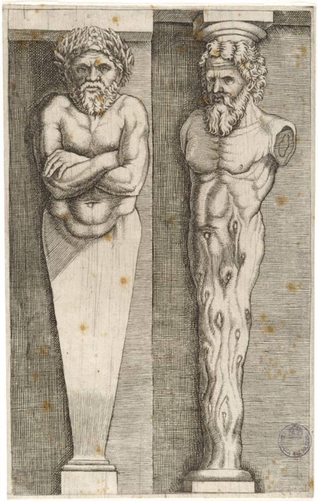 due erme maschili (stampa smarginata) di Musi Agostino de, Maestro del Dado (sec. XVI)