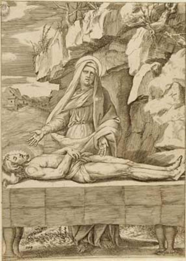 Madonna Addolorata (Pietà) (stampa smarginata) di Sanzio Raffaello (scuola), Bonasone Giulio (sec. XVI)
