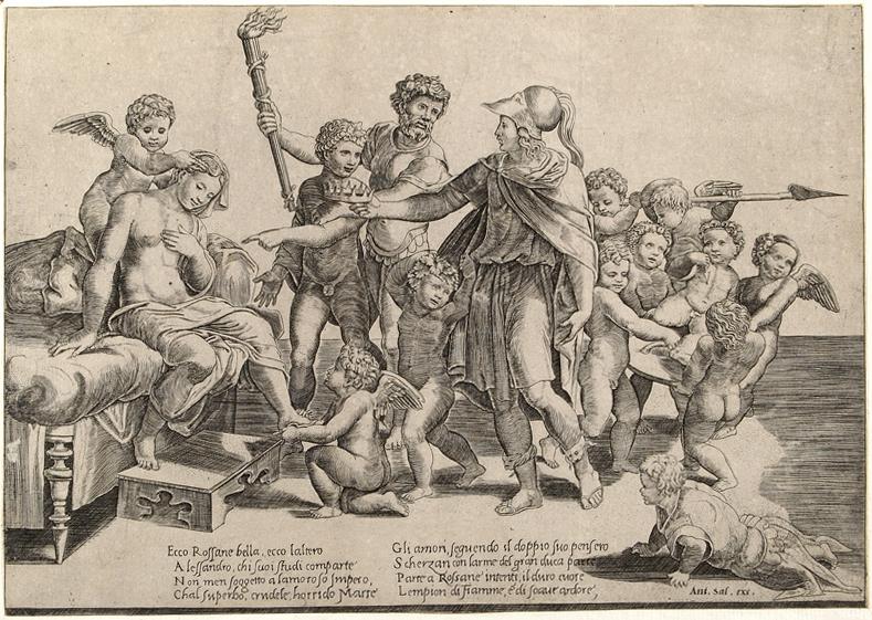 Alessandro e Rossane (stampa smarginata) di Maestro del Dado (attribuito) (sec. XVI)