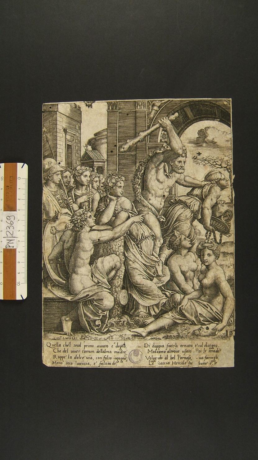 Ercole che per ordine di Apollo scaccia l'Invidia dal tempio delle Muse (stampa smarginata) di Peruzzi Baldassarre, Maestro del Dado (sec. XVI)
