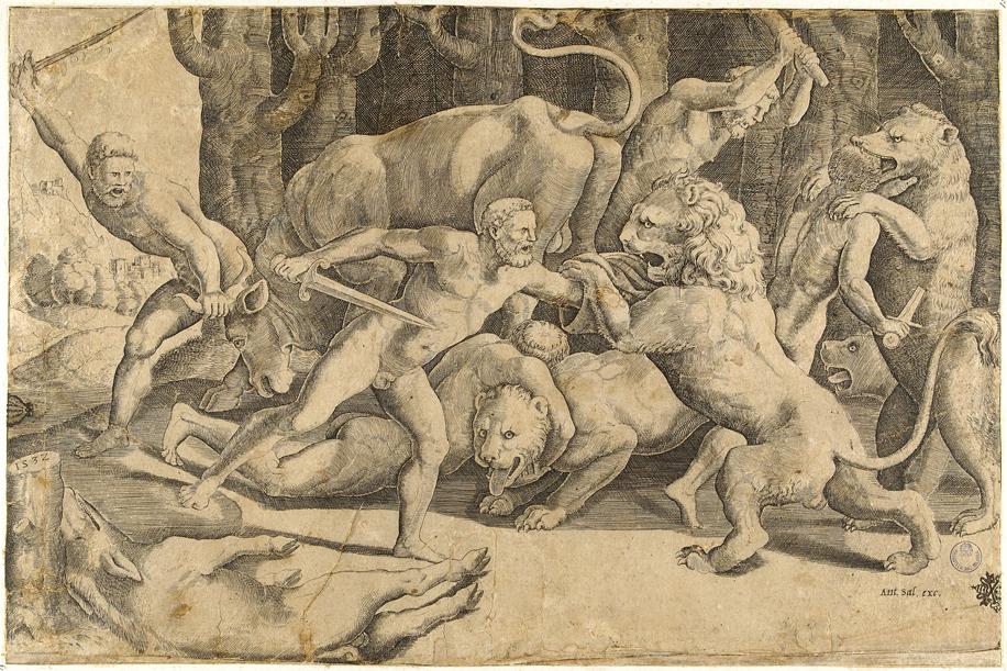 combattimento di uomini e animali (stampa smarginata) di Giulio Romano, Maestro del Dado (sec. XVI)