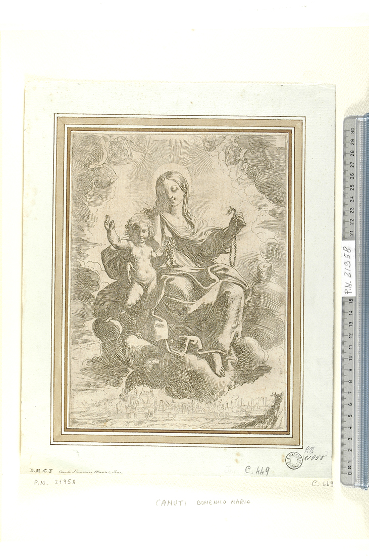 Madonna del Rosario (stampa smarginata) di Canuti Domenico Maria (sec. XVII)