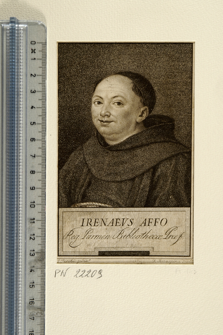 ritratto di Ireneo Affo (stampa smarginata) di Turchi Giuseppe, Rosaspina Francesco (sec. XVIII)