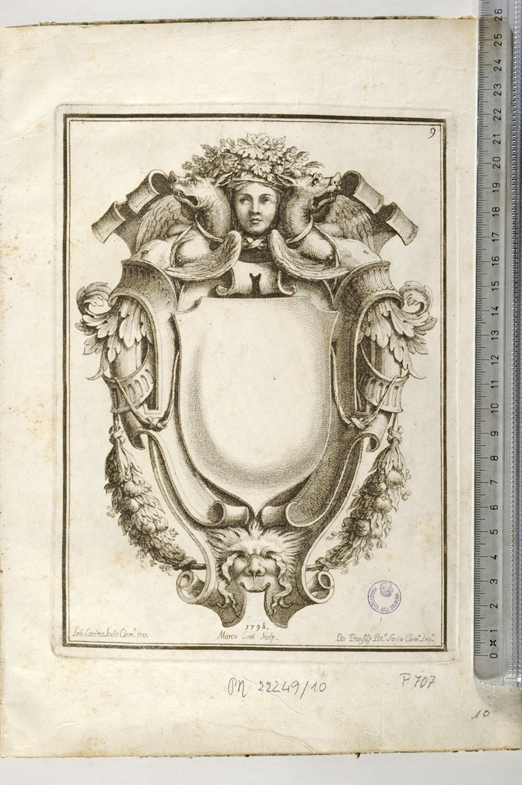 scudo architettonico (stampa) di Cavina Sebastiano, Conti Marco, Panfili Pio (sec. XVIII)