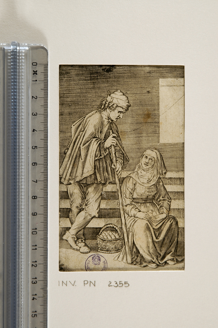 contadino e una donna con uova (stampa smarginata) di Musi Agostino de, Sanzio Raffaello (sec. XVI)