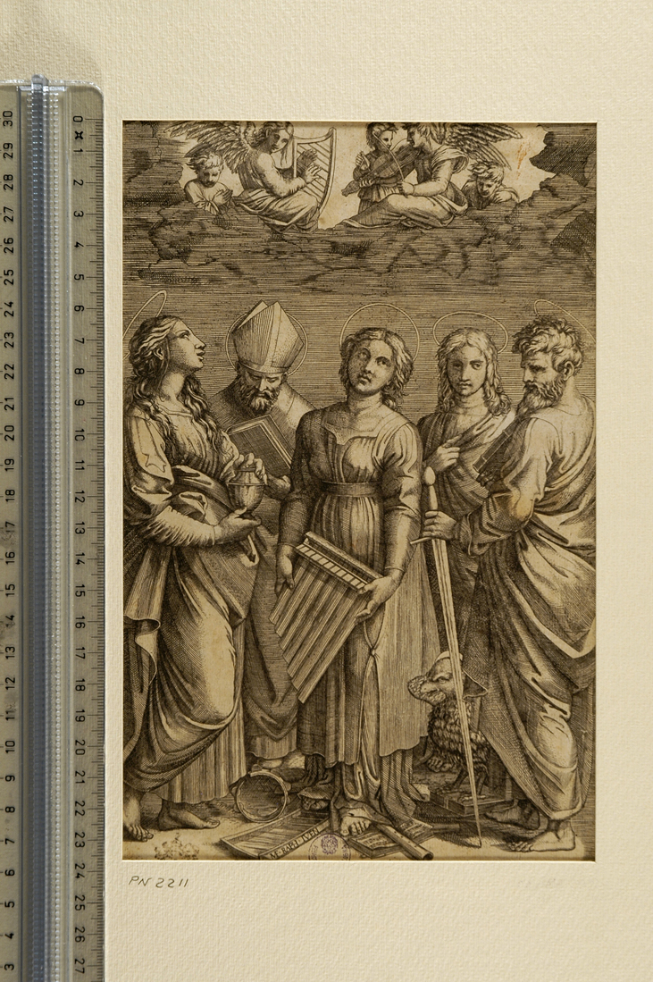 Santa Cecilia (stampa tagliata) di Sanzio Raffaello - ambito emiliano (sec. XVI)