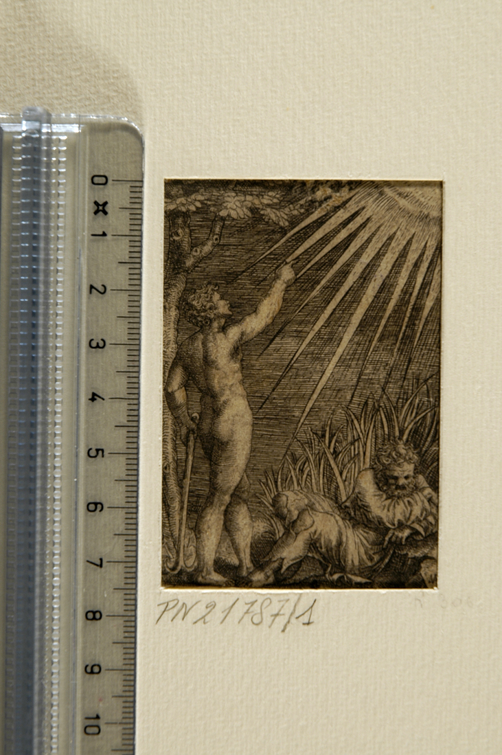 Il vecchio e l'uomo con l'ancora (stampa smarginata) di Raimondi Marcantonio, Francia (?) (sec. XVI)