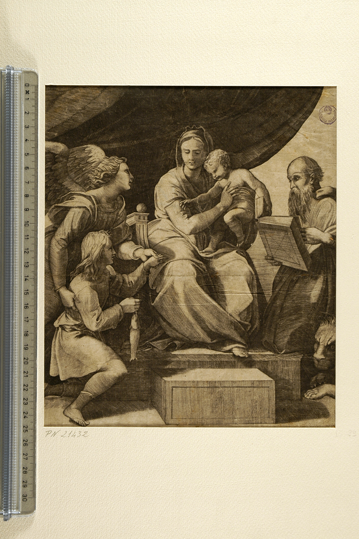 La Vergine del pesce (stampa smarginata) di Dente Marco, Sanzio Raffaello (sec. XVI)