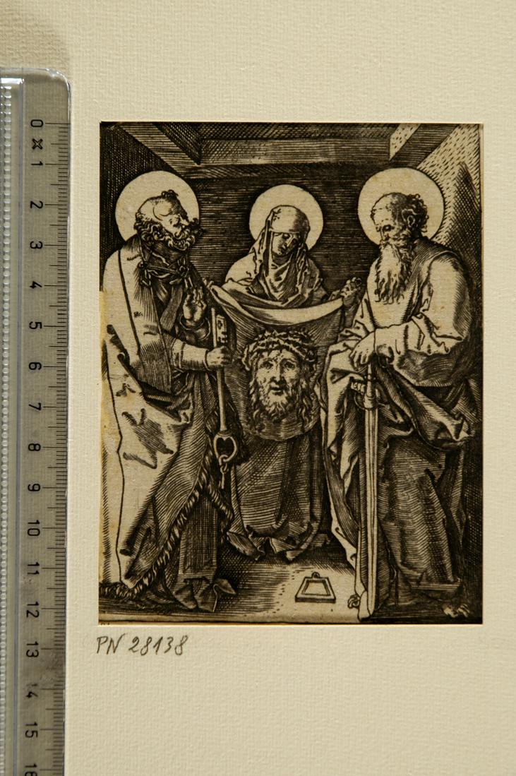 Veronica tra San Pietro e San Paolo (stampa smarginata) di Raimondi Marcantonio, Durer Albrecht (sec. XVI)