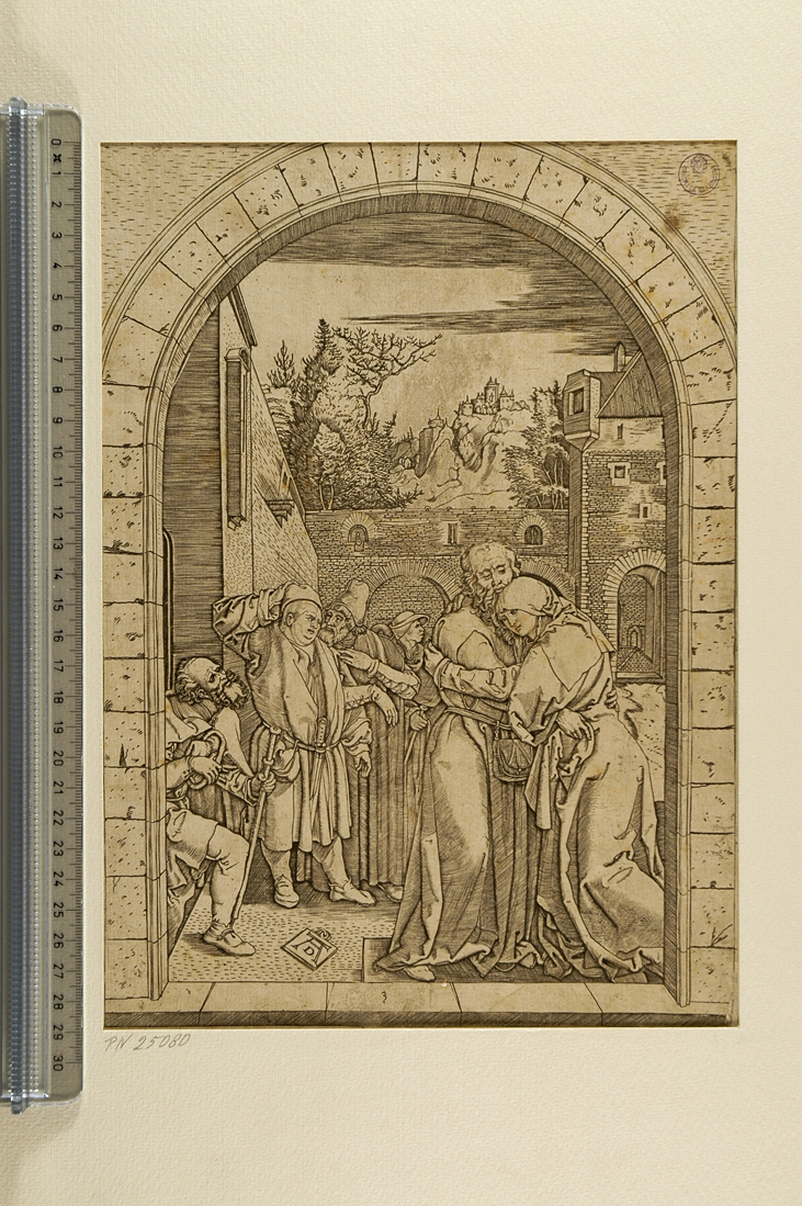incontro di Sant'Anna e San Gioacchino alla porta aurea (stampa smarginata) di Raimondi Marcantonio, Durer Albrecht (sec. XVI)