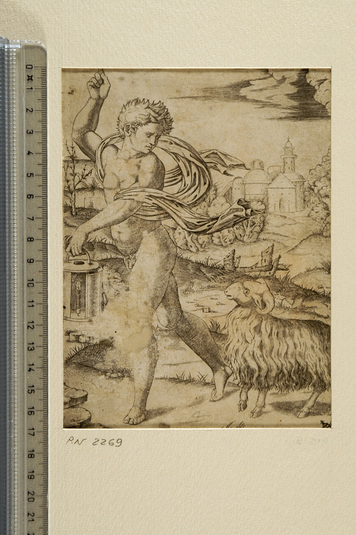 giovane con la lanterna (stampa smarginata) di Raimondi Marcantonio (sec. XVI)