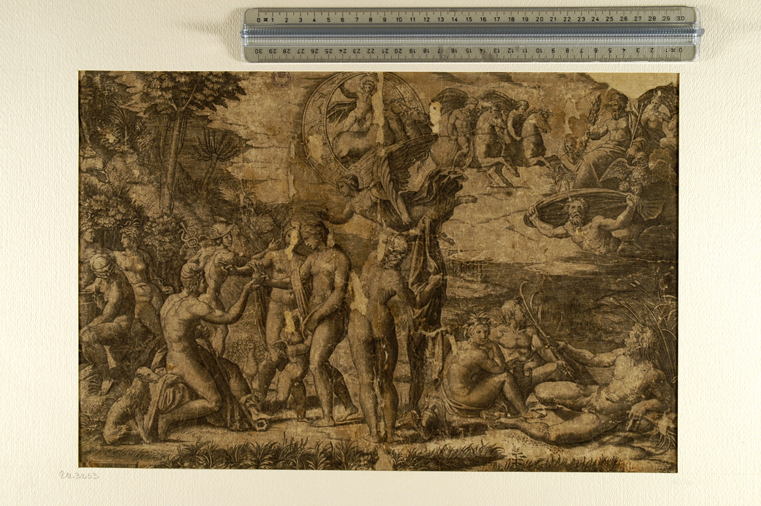 Giudizio di Paride (stampa smarginata) di Sanzio Raffaello, Raimondi Marcantonio (sec. XVI)