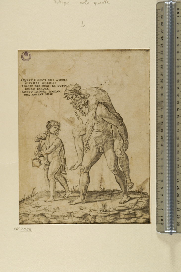 Enea e Anchise fuggono da Troia in fiamme (stampa smarginata) di Caraglio Giovanni Giacomo, Sanzio Raffaello (sec. XVI)