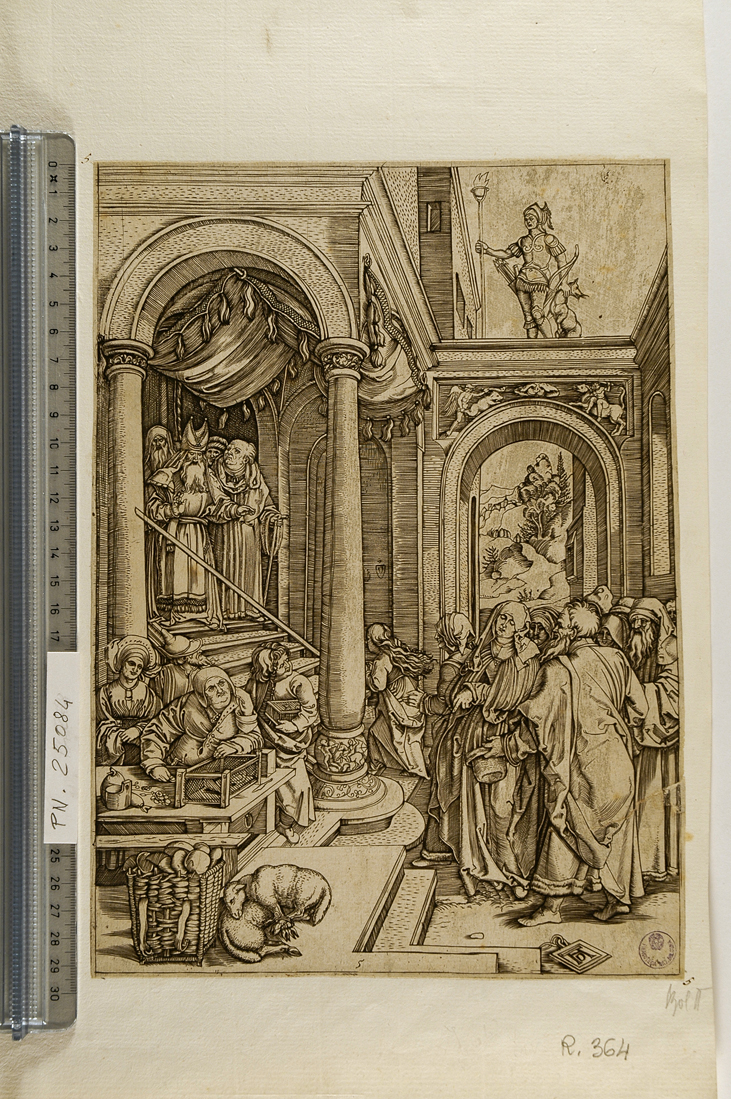 presentazione di Maria Vergine al tempio (stampa smarginata) di Raimondi Marcantonio, Durer Albrecht (sec. XVI)