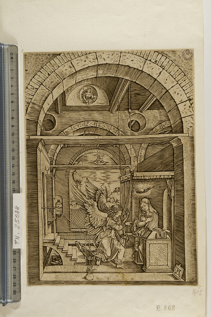 Annunciazione (stampa smarginata) di Raimondi Marcantonio, Durer Albrecht (sec. XVI)