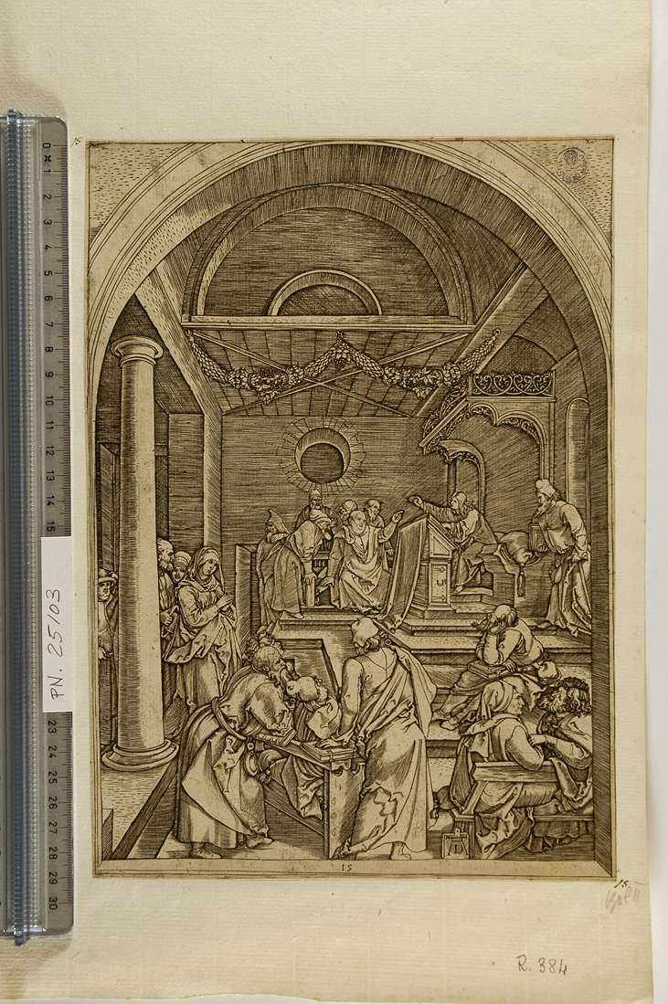 disputa di Gesù con i dottori nel tempio (stampa smarginata) di Raimondi Marcantonio, Durer Albrecht (sec. XVI)