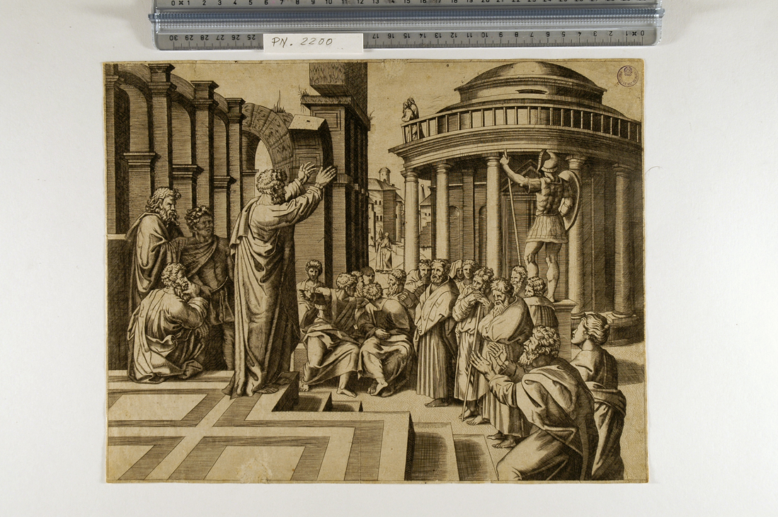 discorso di San Paolo nell'areopago di Atene (stampa smarginata) di Sanzio Raffaello - ambito italiano (sec. XVI)